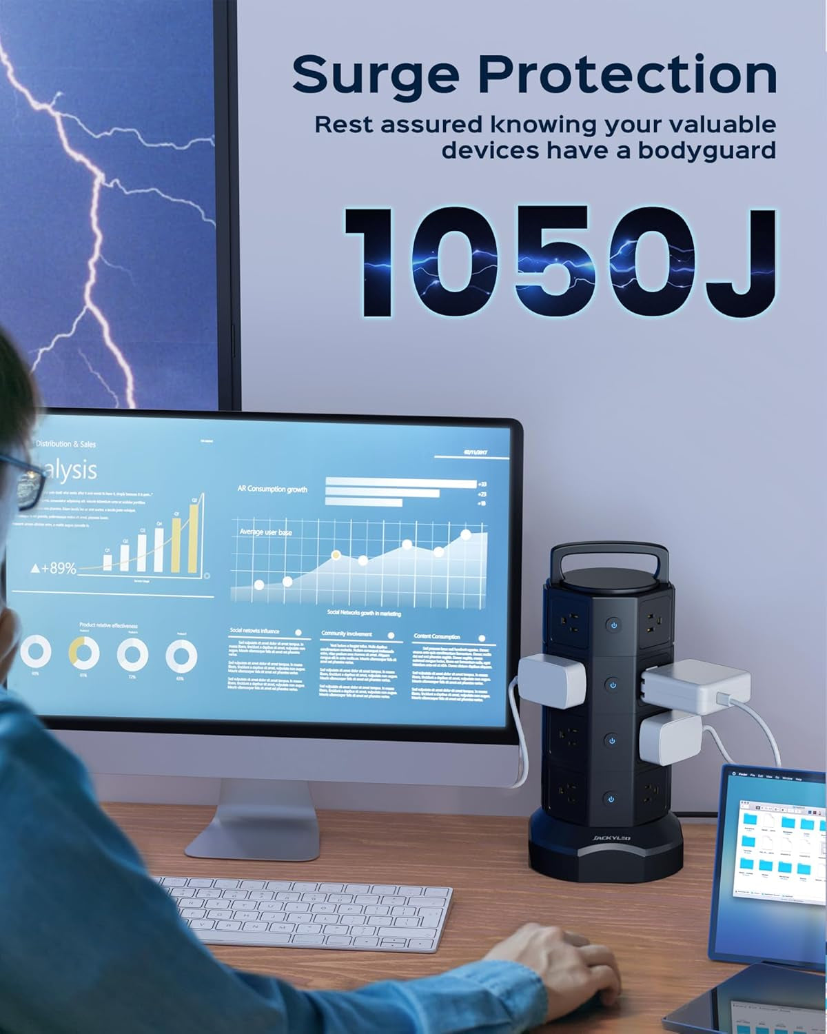 Power Strip Tower Surge Protector, 16 Outlets 6 USB (2 USB C) Charging Station, Extension Cord with Multiple Outlets, 1050J 1625W/13A Outlet Extender 6.5Ft Extension Cord for Home Office