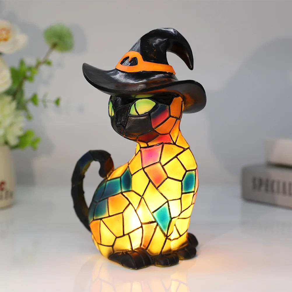 Halloween Deal! Cat Desk Lamp for Halloween Decoration, Pumpkin Hat Stained Cat Desk Lamp, Warmlight Resin Night Light for Happy Halloween (2Pcs)