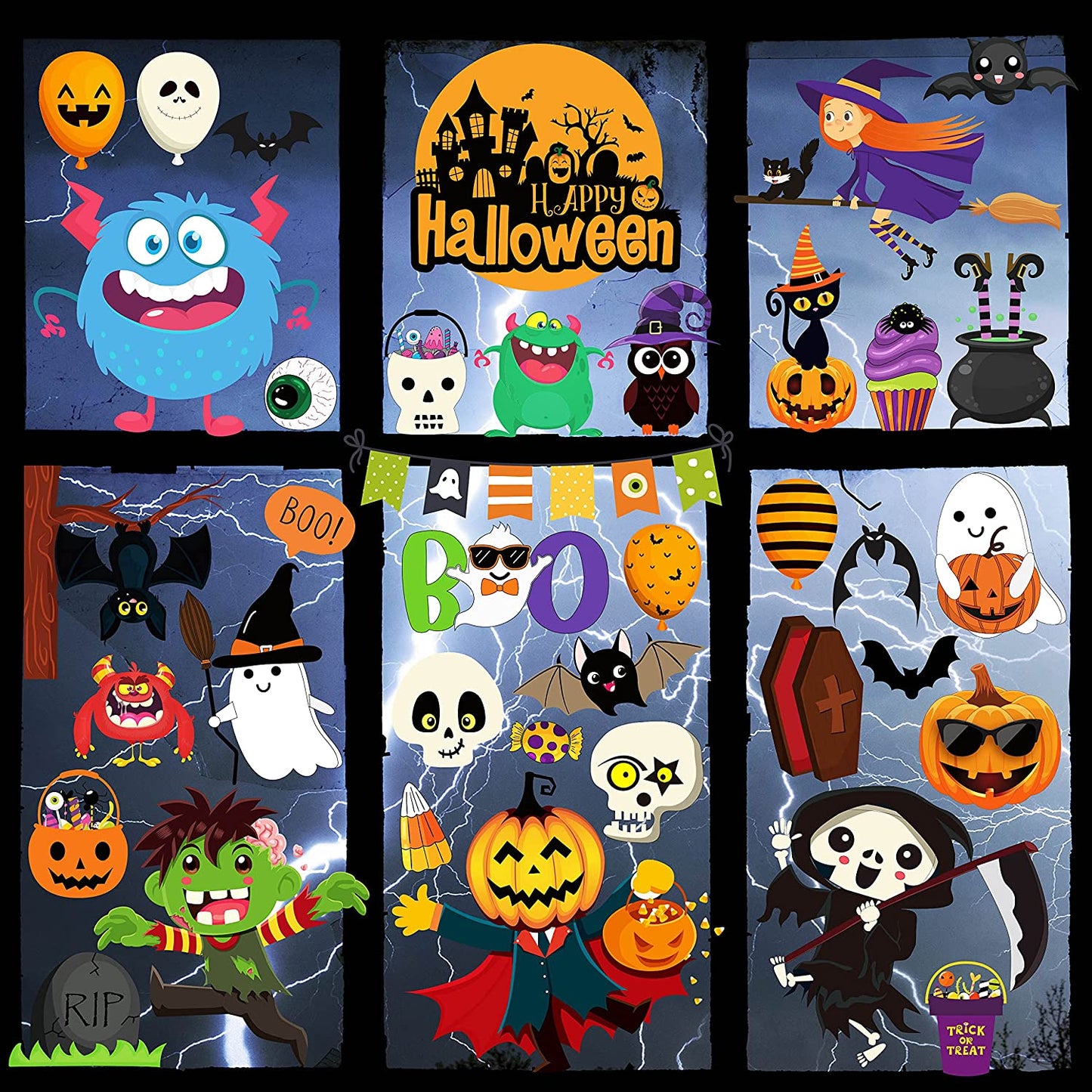200PCS Halloween Window Clings Cute Halloween Window Clings Cute Pumpkin Witch Ghost