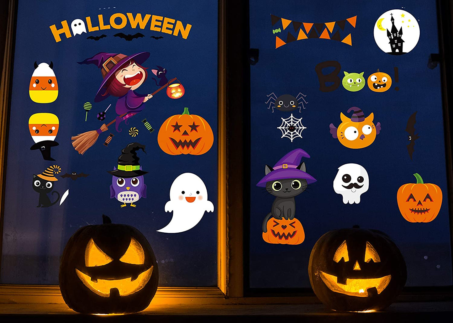 Halloween Window Clings - Decorations Stickers Decals Decor with Cute Pumpkin Ghost for Room Bathroom Kitchen