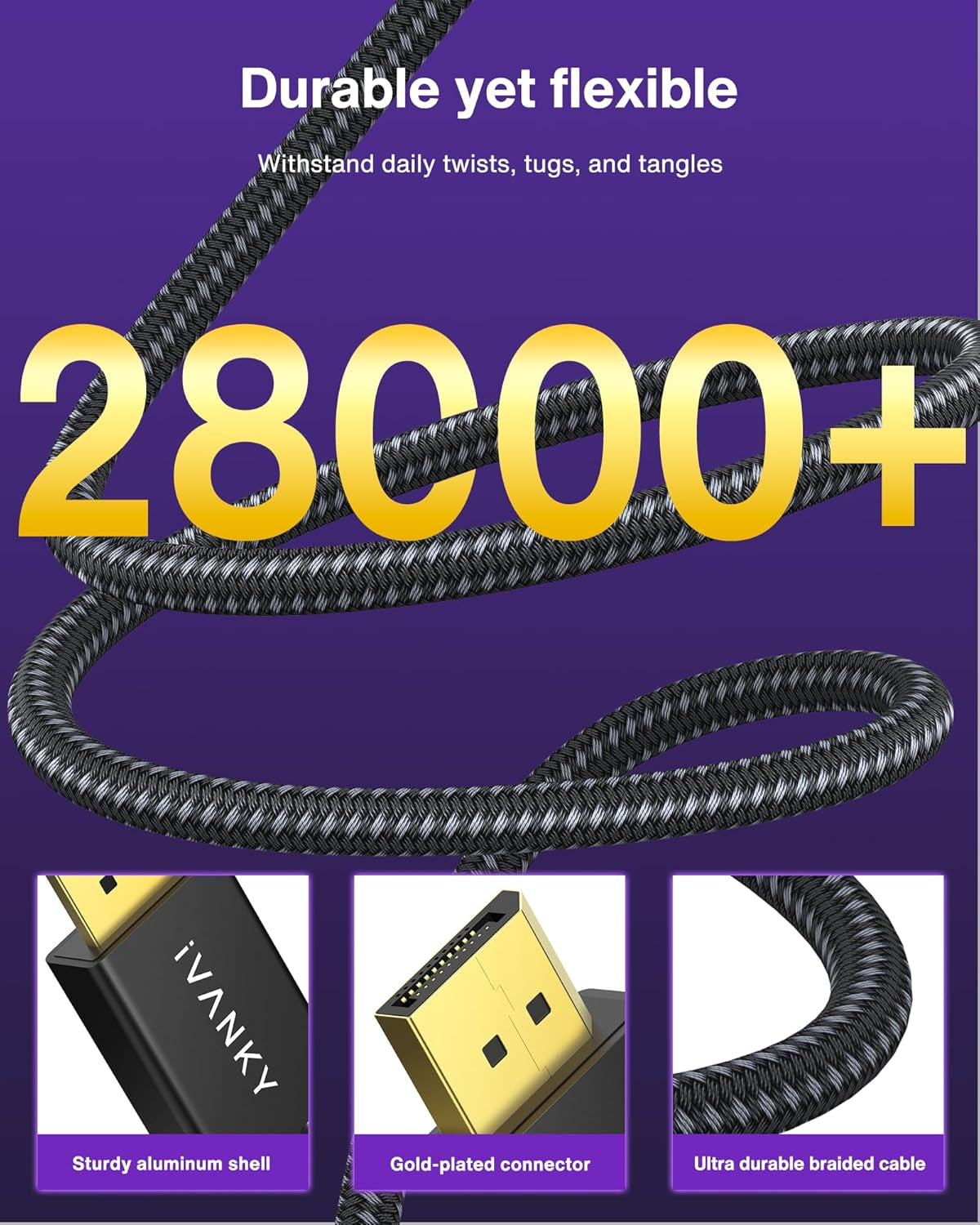 8K Displayport Cable 1.4, VESA Certified DP Cable 6.6Ft (8K@60Hz, 4K@144Hz, 2K@240Hz)Hbr3 Support 32.4Gbps, HDR, HDCP 2.2, Freesync G-Sync, Braided Display Port for Gaming Monitor, Graphics, PC