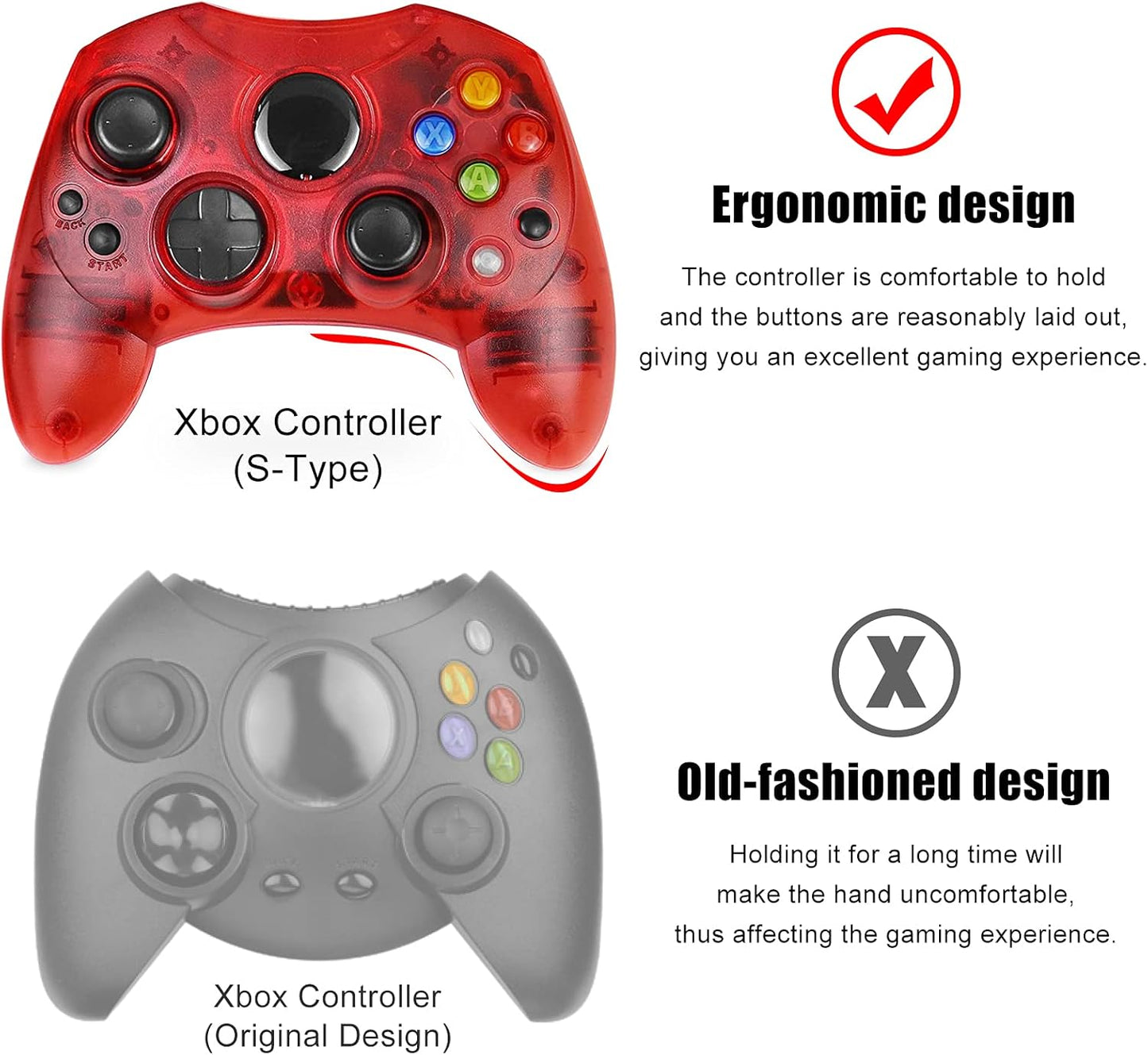Yioone Controller Replacement for Xbox Controller S-Type/Original Xbox Controller,Classic Controller Compatible with Original Xbox Console(Pack of 2,Black and Ruby Red)