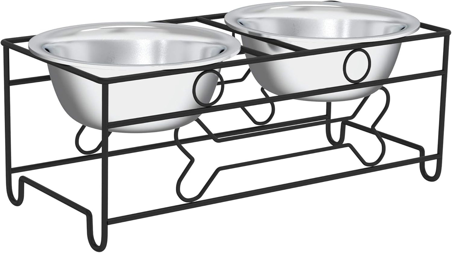 Elevated Dog and Cat Bowls - Decorative 6.5-Inch-Tall Raised Stand with 2 Stainless-Steel Food and Water Bowls - Hold 40Oz Each by (Black)