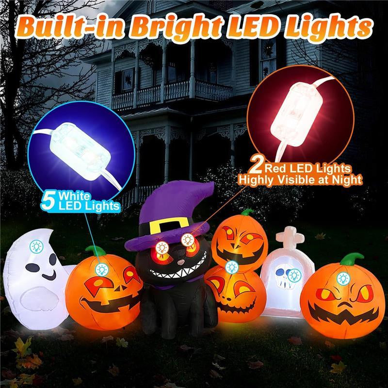8 FT Long Halloween Inflatables Outdoor Decoration - Blow up Cat & Pumpkin Lanterns with Tombstone Ghost Halloween Yard Decorations, Built-In LED Lights Décor for Holiday Party Yard Lawn