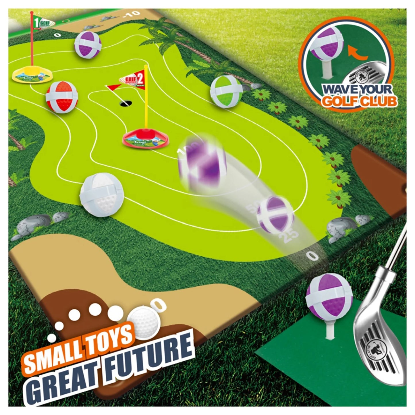 Golf Game Chipping Mat and Accessories, Training and Practice Golf Travel Set for Kids and Adults, Indoor and Outdoor Hitting Mat and Golf Clubs with Sticky Balls for Kids 3+