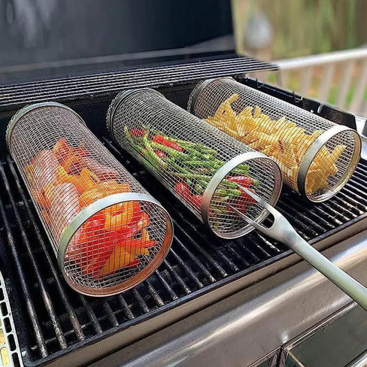 Rolling Grilling Basket Metal BBQ Barbecue Basket Net Portable Outdoor Camping Barbecue Rack Kitchen Gadgets YIWUGO Store