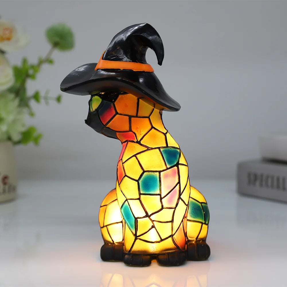Halloween Deal! Cat Desk Lamp for Halloween Decoration, Pumpkin Hat Stained Cat Desk Lamp, Warmlight Resin Night Light for Happy Halloween (2Pcs)