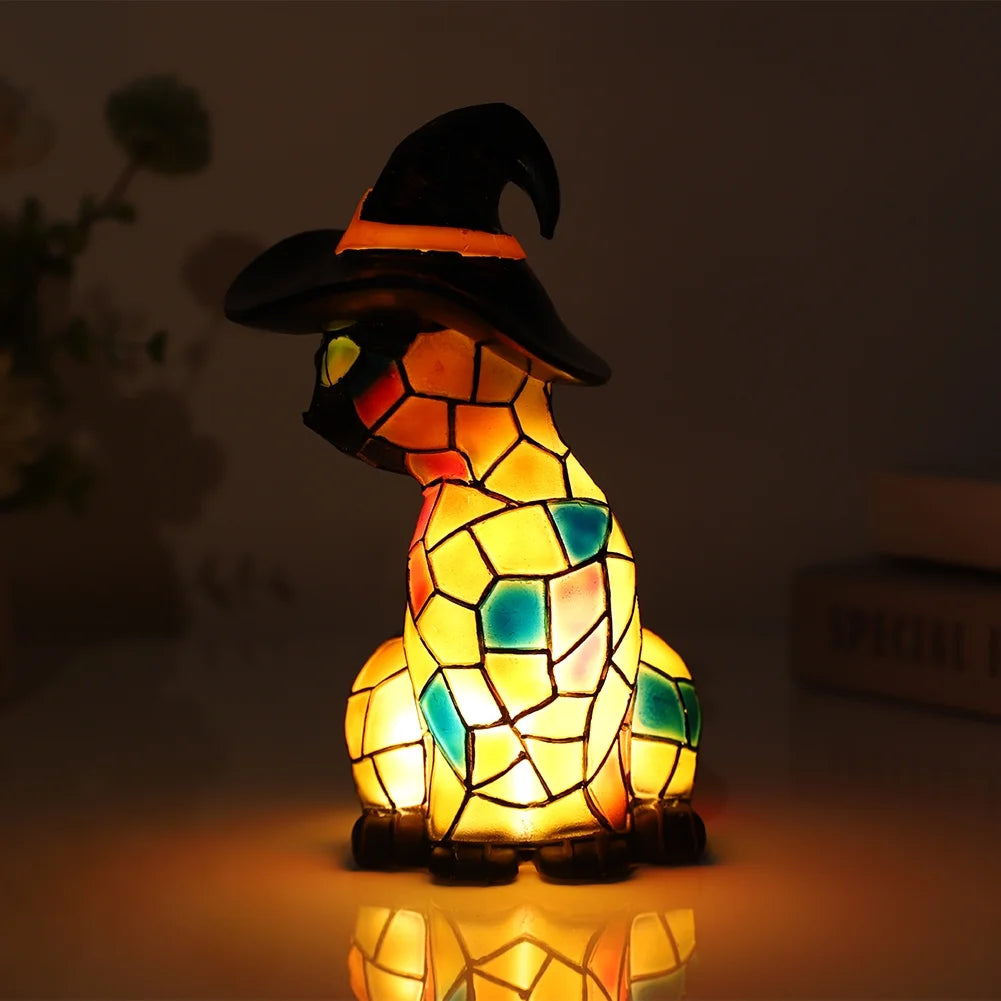 Halloween Deal! Cat Desk Lamp for Halloween Decoration, Pumpkin Hat Stained Cat Desk Lamp, Warmlight Resin Night Light for Happy Halloween (2Pcs)