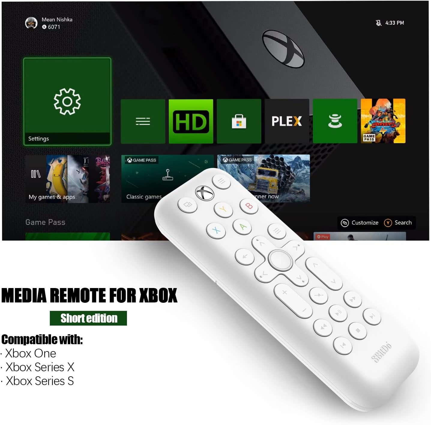 8Bitdo Media Remote for Xbox One, Series X and S (White, Short Edition)
