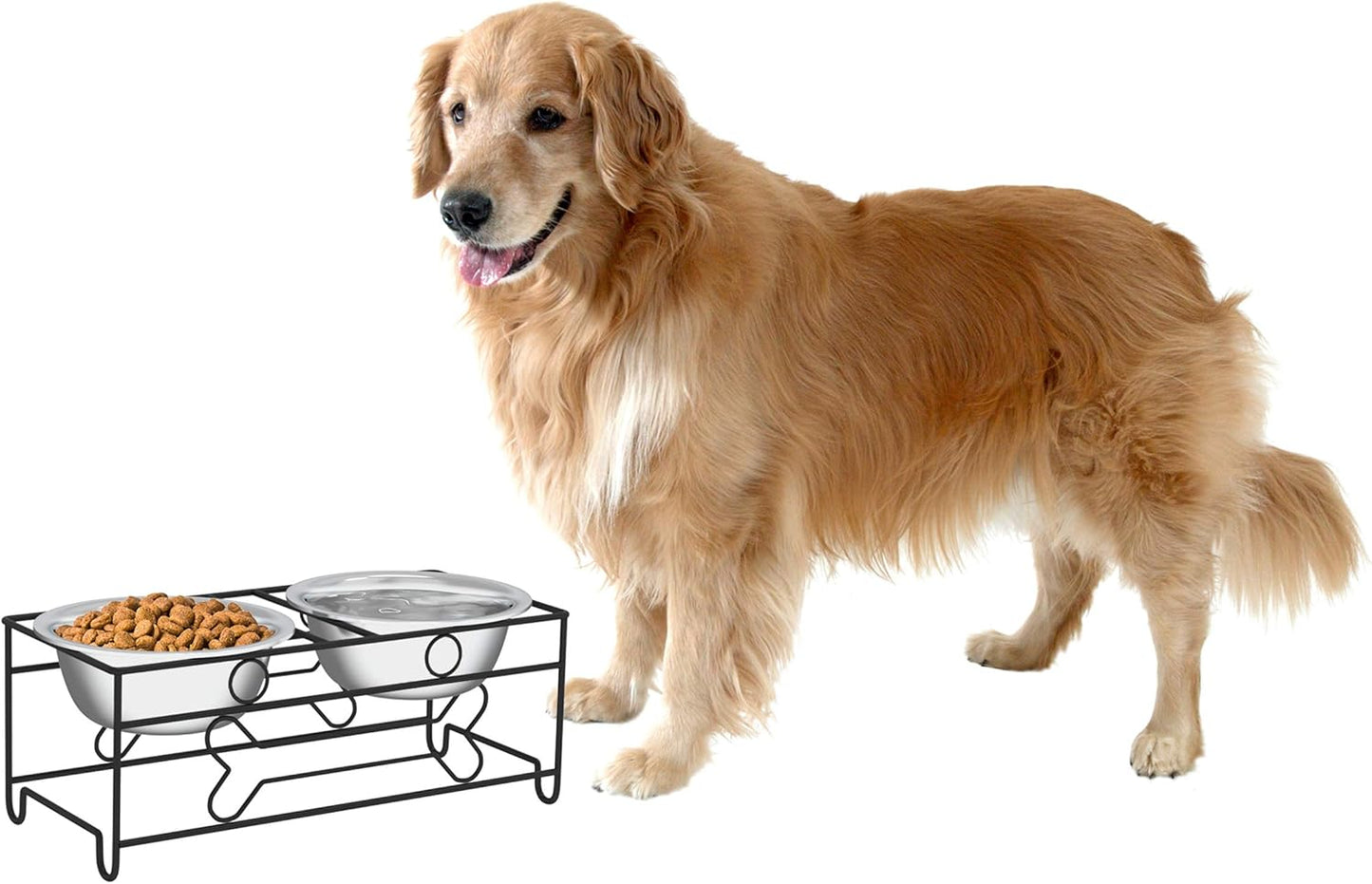 Elevated Dog and Cat Bowls - Decorative 6.5-Inch-Tall Raised Stand with 2 Stainless-Steel Food and Water Bowls - Hold 40Oz Each by (Black)