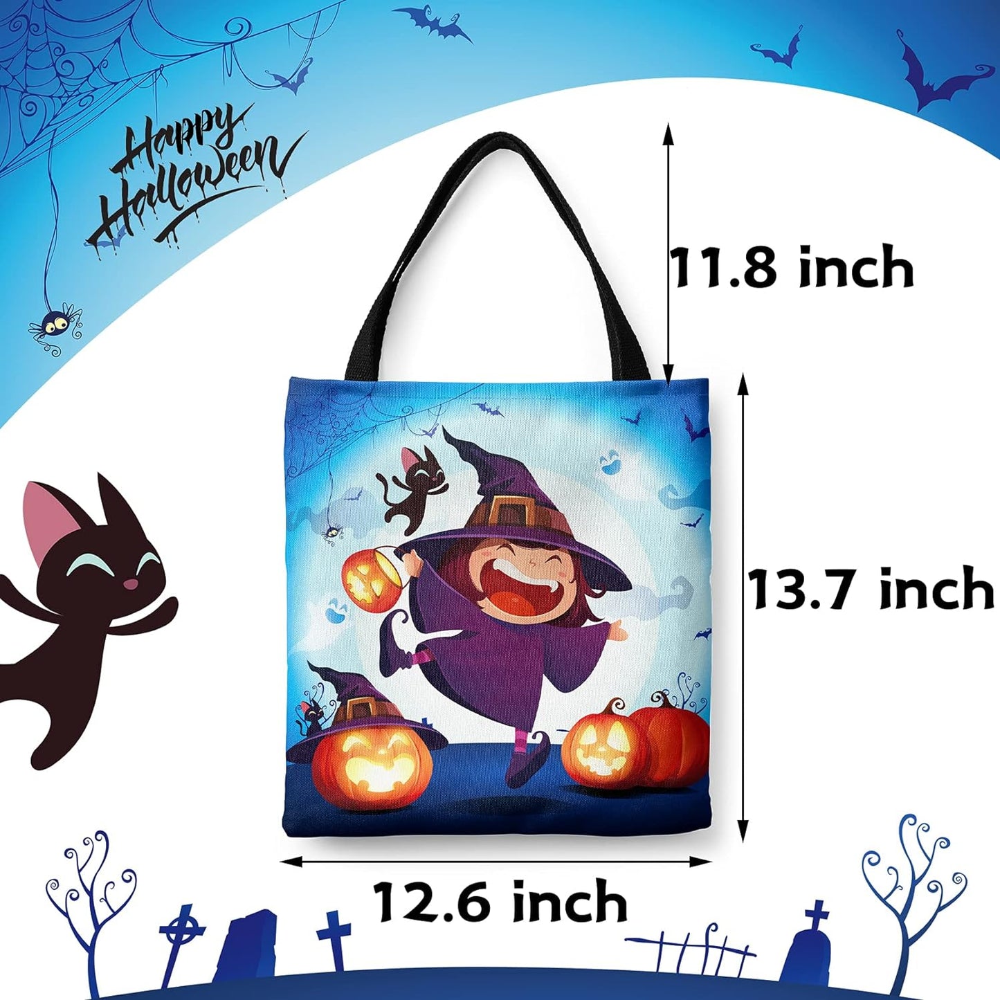 Halloween Tote Bag Halloween Canvas Bags for Trick or Treat 13.8”× 12.6” Halloween Tote Bags for Kids Halloween Witch Gift Bags Halloween Reusable Grocery Bags Halloween Party Supplies