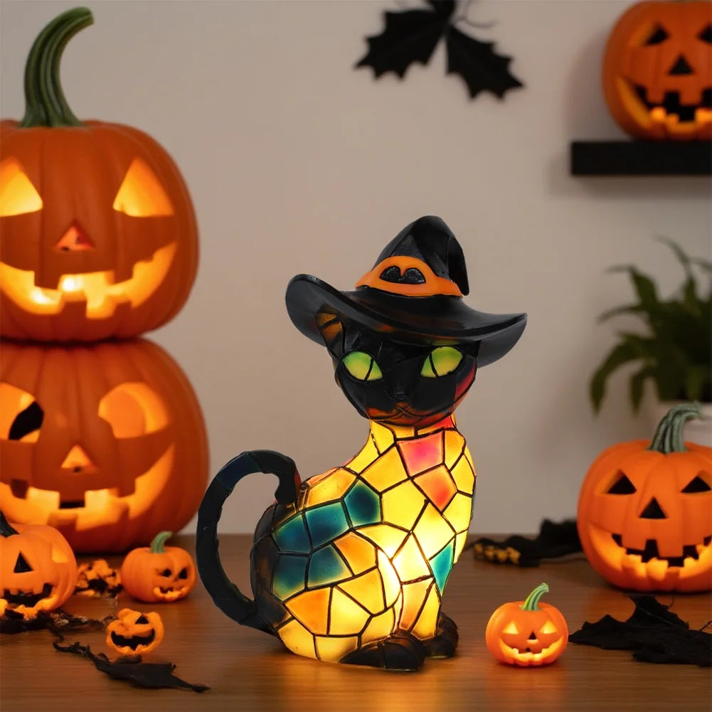 Halloween Deal! Cat Desk Lamp for Halloween Decoration, Pumpkin Hat Stained Cat Desk Lamp, Warmlight Resin Night Light for Happy Halloween (2Pcs)
