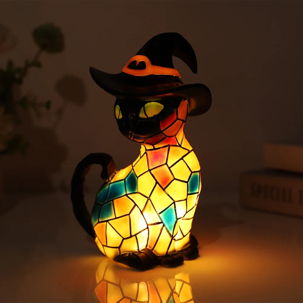 Halloween Deal! Cat Desk Lamp for Halloween Decoration, Pumpkin Hat Stained Cat Desk Lamp, Warmlight Resin Night Light for Happy Halloween (2Pcs)