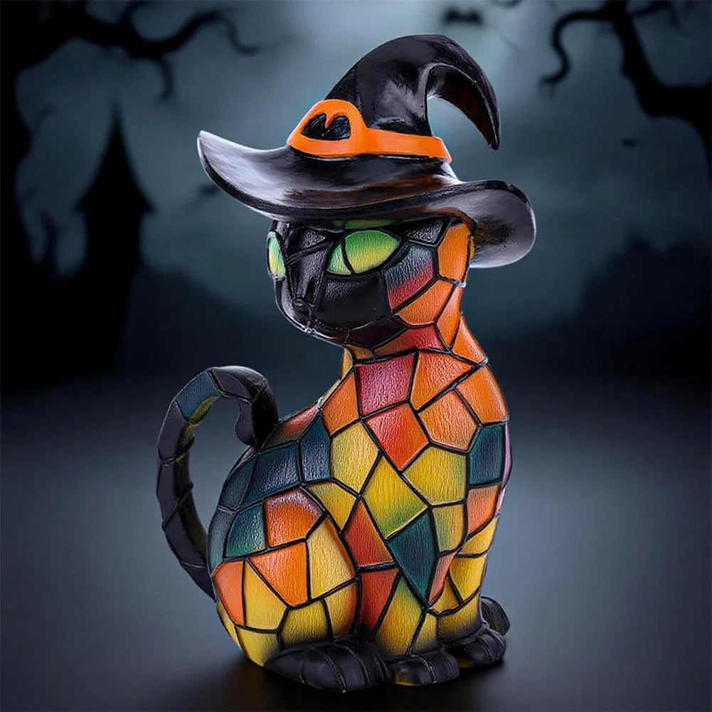 Halloween Deal! Cat Desk Lamp for Halloween Decoration, Pumpkin Hat Stained Cat Desk Lamp, Warmlight Resin Night Light for Happy Halloween (2Pcs)