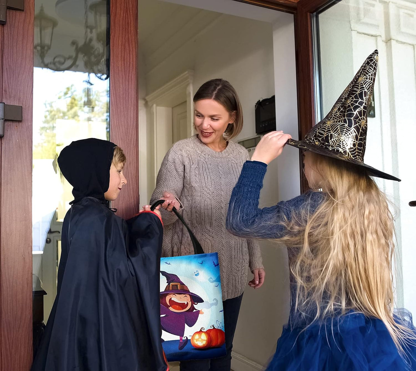 Halloween Tote Bag Halloween Canvas Bags for Trick or Treat 13.8”× 12.6” Halloween Tote Bags for Kids Halloween Witch Gift Bags Halloween Reusable Grocery Bags Halloween Party Supplies