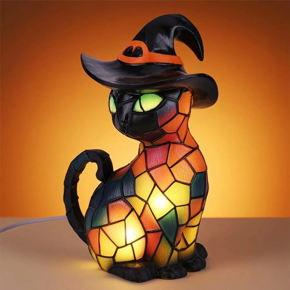 Halloween Deal! Cat Desk Lamp for Halloween Decoration, Pumpkin Hat Stained Cat Desk Lamp, Warmlight Resin Night Light for Happy Halloween (2Pcs)