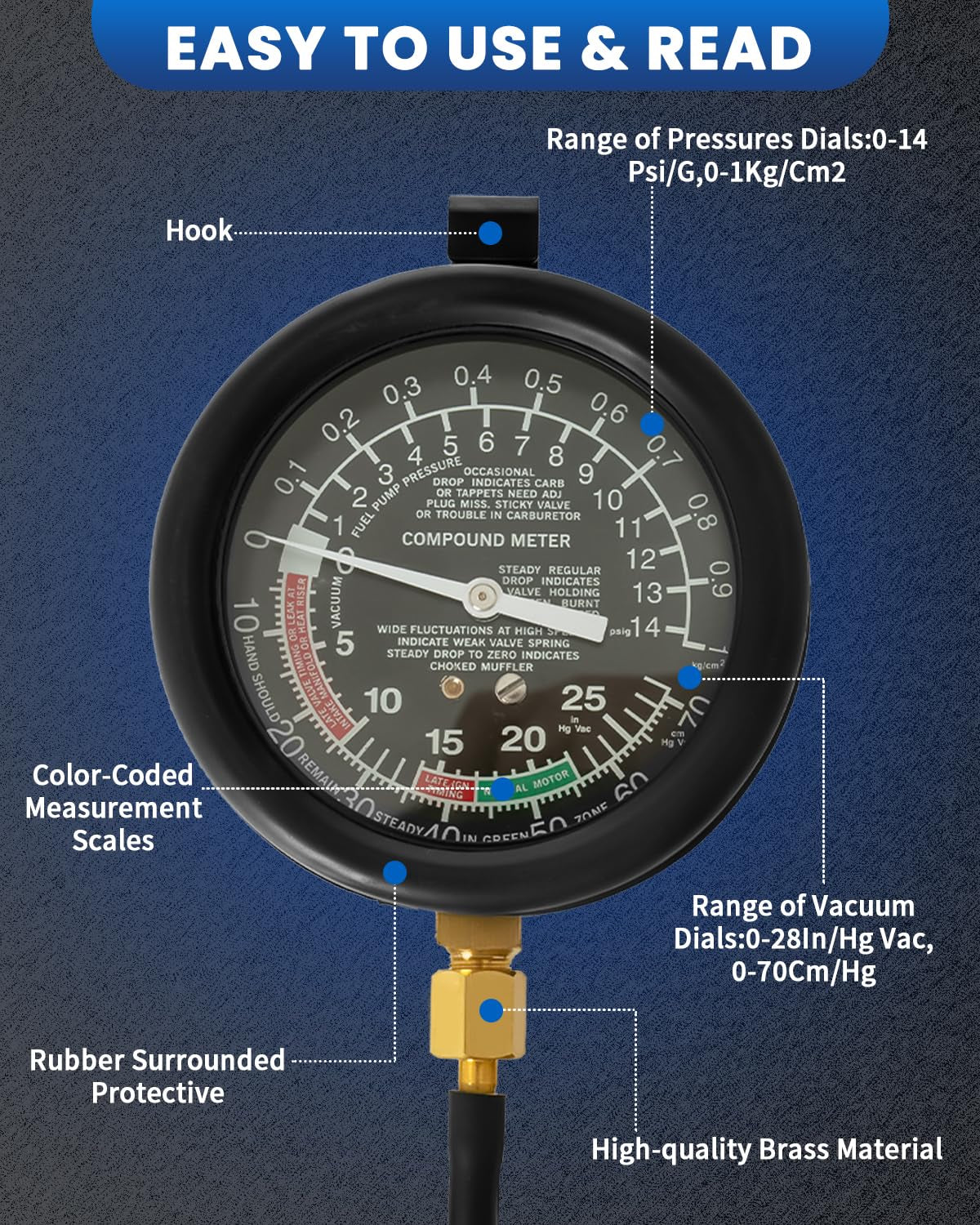 Vacuum Gauge, Universal Vacuum Gauge Automotive Kit for Car & Truck