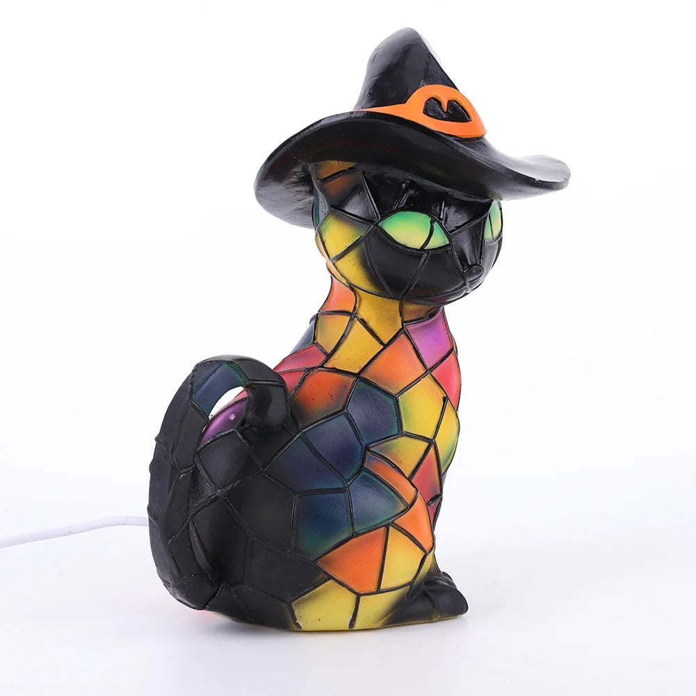 Halloween Deal! Cat Desk Lamp for Halloween Decoration, Pumpkin Hat Stained Cat Desk Lamp, Warmlight Resin Night Light for Happy Halloween (2Pcs)