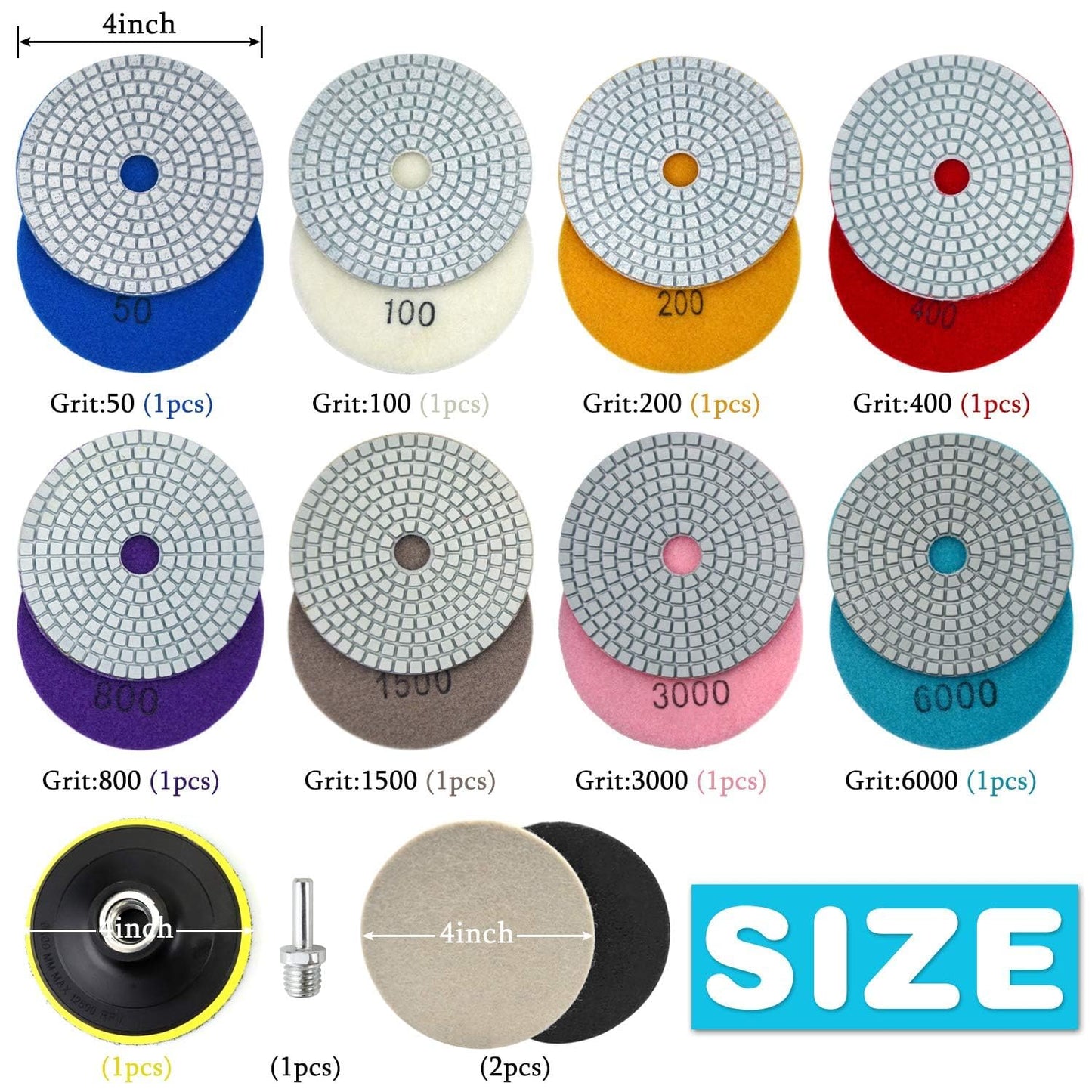 4 Inch Diamond Polishing Pads with 5/8’’-11 Backer Pad, 12PCS Wet/Dry Granite Stone Polish Pad Kit for Drill, Grinder, Polisher, 50-6000 Grit Polishing Pad for Concrete Marble Rock Countertop Quartz
