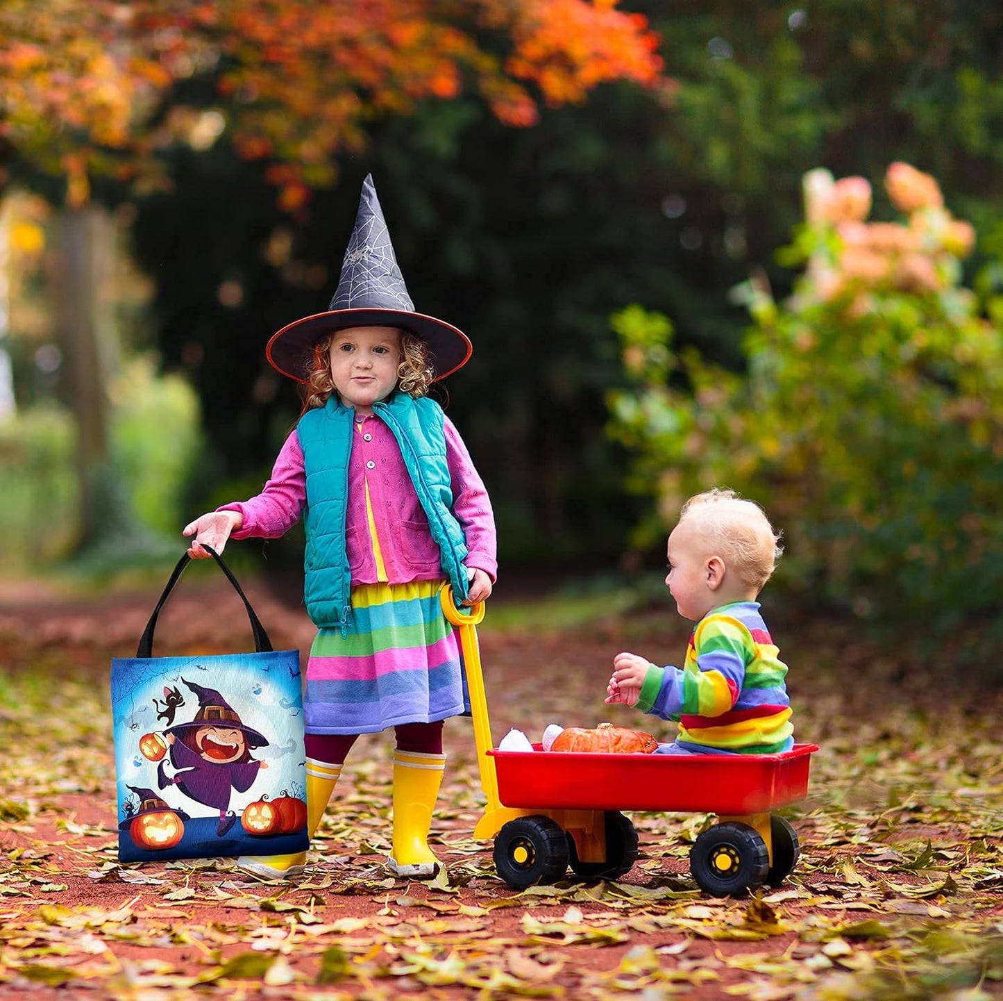 Halloween Tote Bag Halloween Canvas Bags for Trick or Treat 13.8”× 12.6” Halloween Tote Bags for Kids Halloween Witch Gift Bags Halloween Reusable Grocery Bags Halloween Party Supplies
