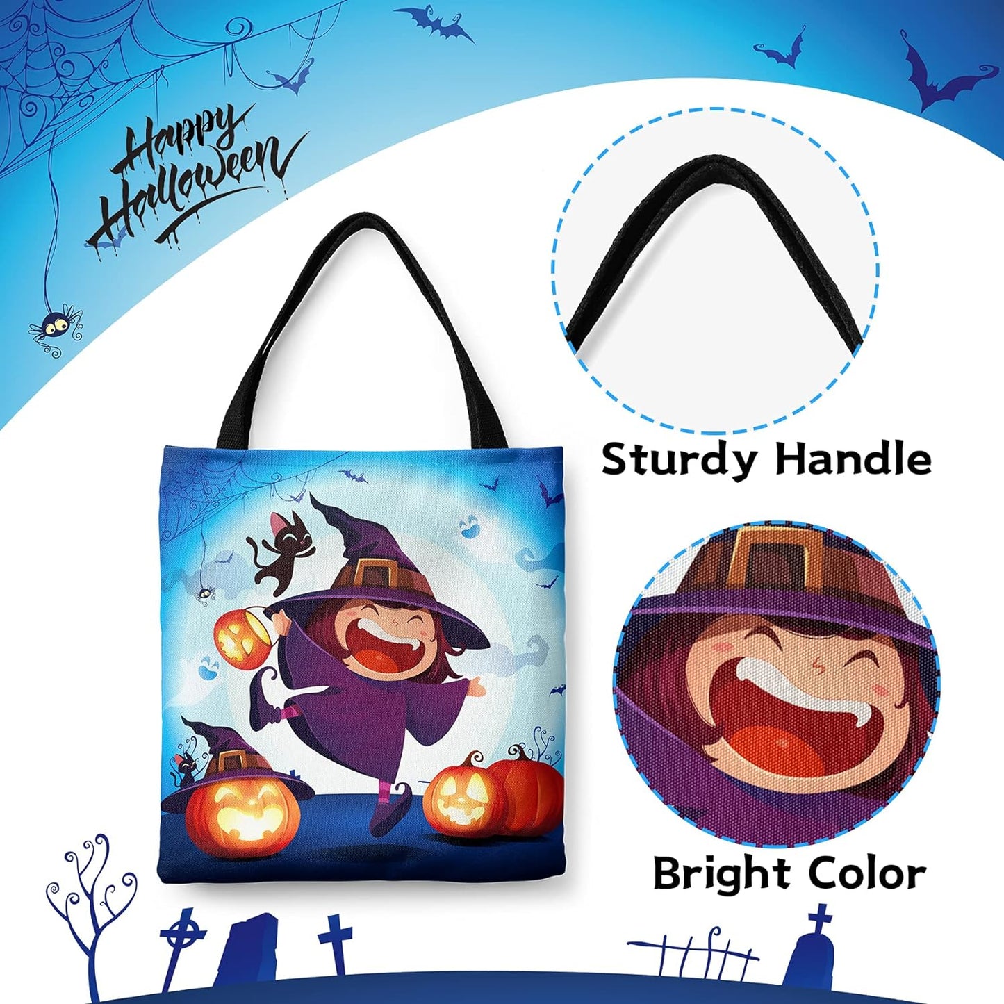 Halloween Tote Bag Halloween Canvas Bags for Trick or Treat 13.8”× 12.6” Halloween Tote Bags for Kids Halloween Witch Gift Bags Halloween Reusable Grocery Bags Halloween Party Supplies