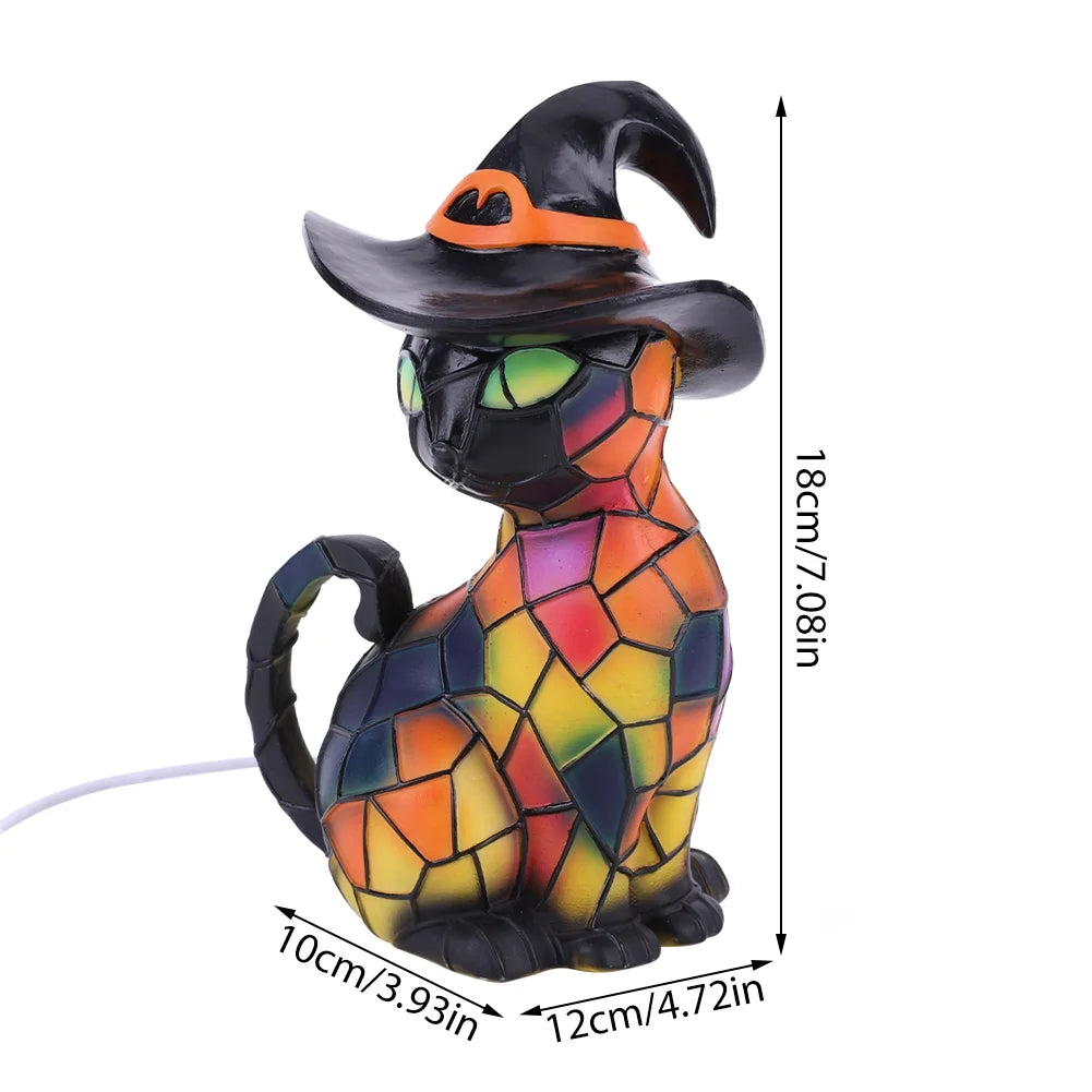 Halloween Deal! Cat Desk Lamp for Halloween Decoration, Pumpkin Hat Stained Cat Desk Lamp, Warmlight Resin Night Light for Happy Halloween (2Pcs)