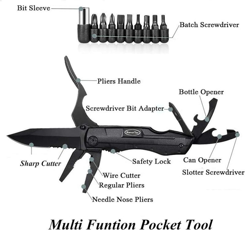 Rovertac Pocket Knife Multitool – 15-In-1 Folding Knife with Pliers, Screwdrivers & Bottle Opener – Multitool Knife with Safety Lock & Nylon Sheath for Camping, Hiking, Survival, EDC & Gifts for Men