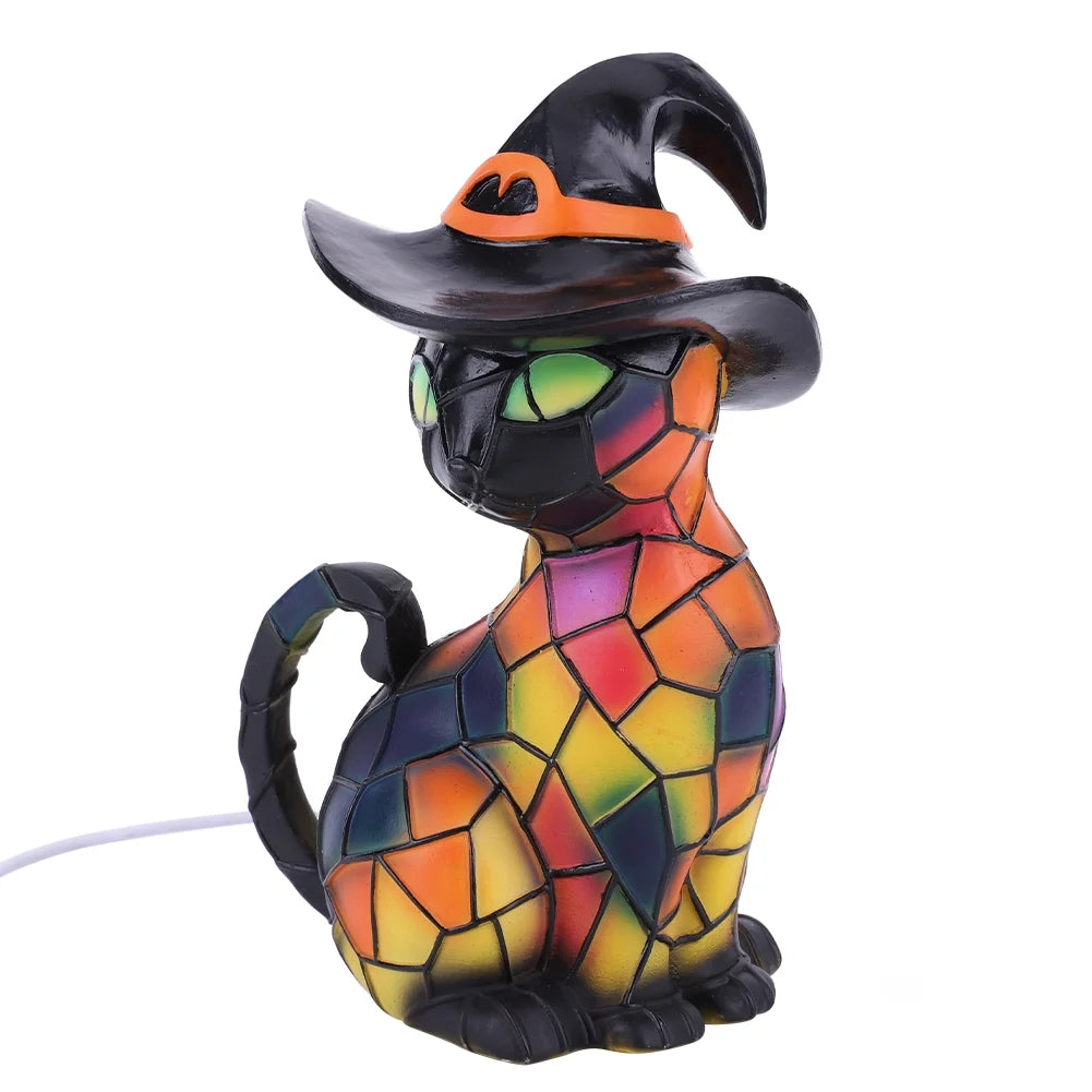 Halloween Deal! Cat Desk Lamp for Halloween Decoration, Pumpkin Hat Stained Cat Desk Lamp, Warmlight Resin Night Light for Happy Halloween (2Pcs)