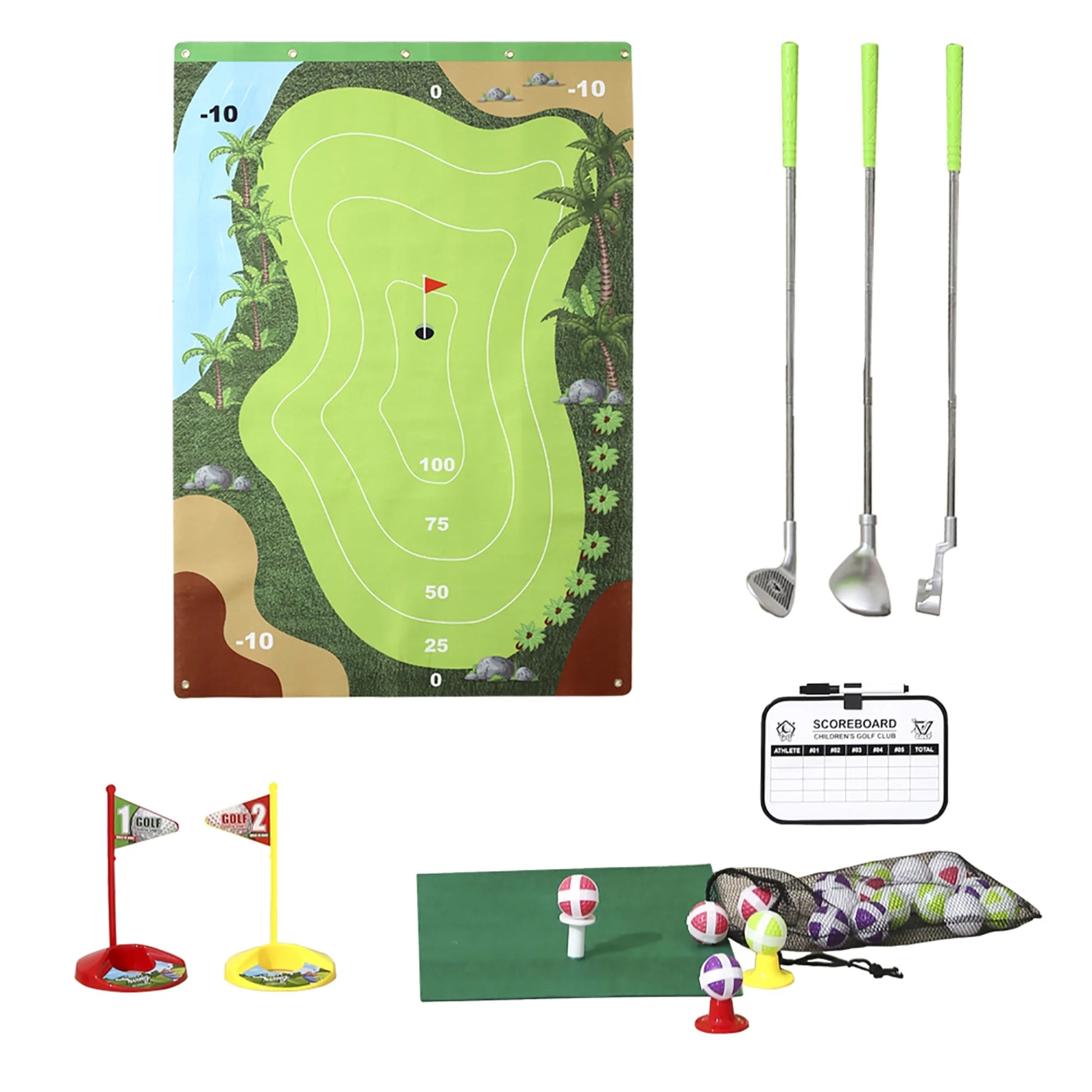 Golf Game Chipping Mat and Accessories, Training and Practice Golf Travel Set for Kids and Adults, Indoor and Outdoor Hitting Mat and Golf Clubs with Sticky Balls for Kids 3+