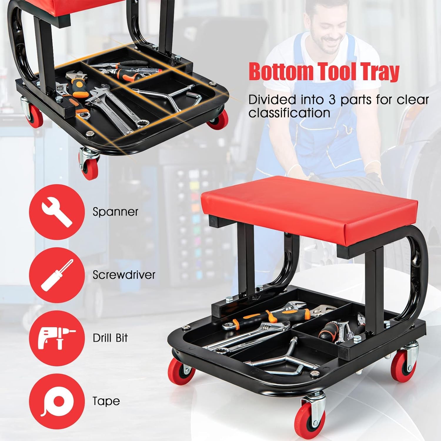 Mechanic Stool, Rolling Creeper Seat with Cushioned Seat, 4 Universal Wheels, Classified Tool Tray, 330 LBS Max Load, Garage Stool Work Chair, Shop Stool