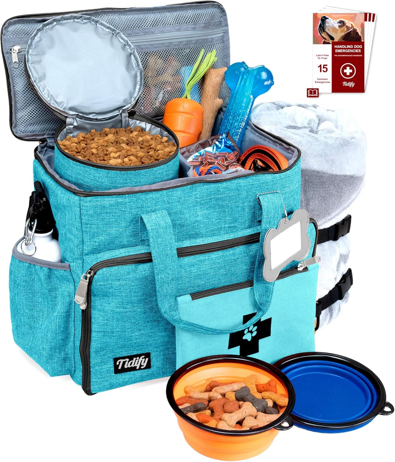 Dog Travel Bag Airline Approved Travel Set for Dog and Cat Tote Organizer with Multi Function Pockets, 2 Food Containers and Collapsible Bowls, Weekend Away Dog Bag for Travel Accessories - Blue