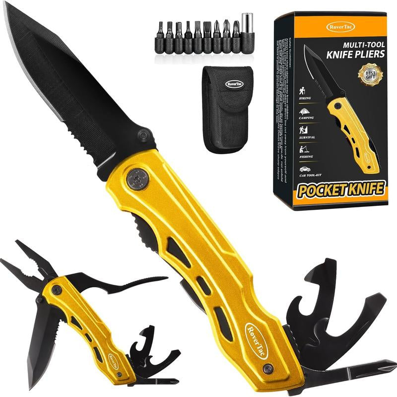 Rovertac Pocket Knife Multitool – 15-In-1 Folding Knife with Pliers, Screwdrivers & Bottle Opener – Multitool Knife with Safety Lock & Nylon Sheath for Camping, Hiking, Survival, EDC & Gifts for Men