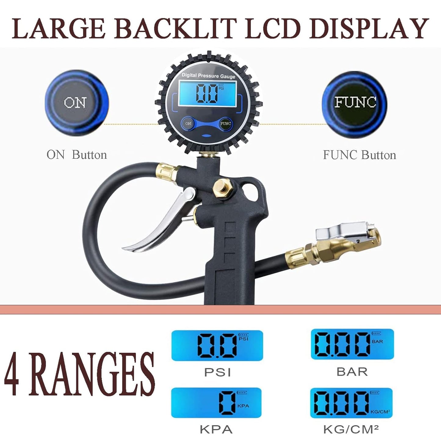 Digital Tire Pressure Gauge with Inflator, 250 PSI Air Chuck and Compressor Accessories Heavy Duty with Quick Connect Coupler, 0.1 Display Resolution for Car, SUV, Truck, Motorcycle, RV