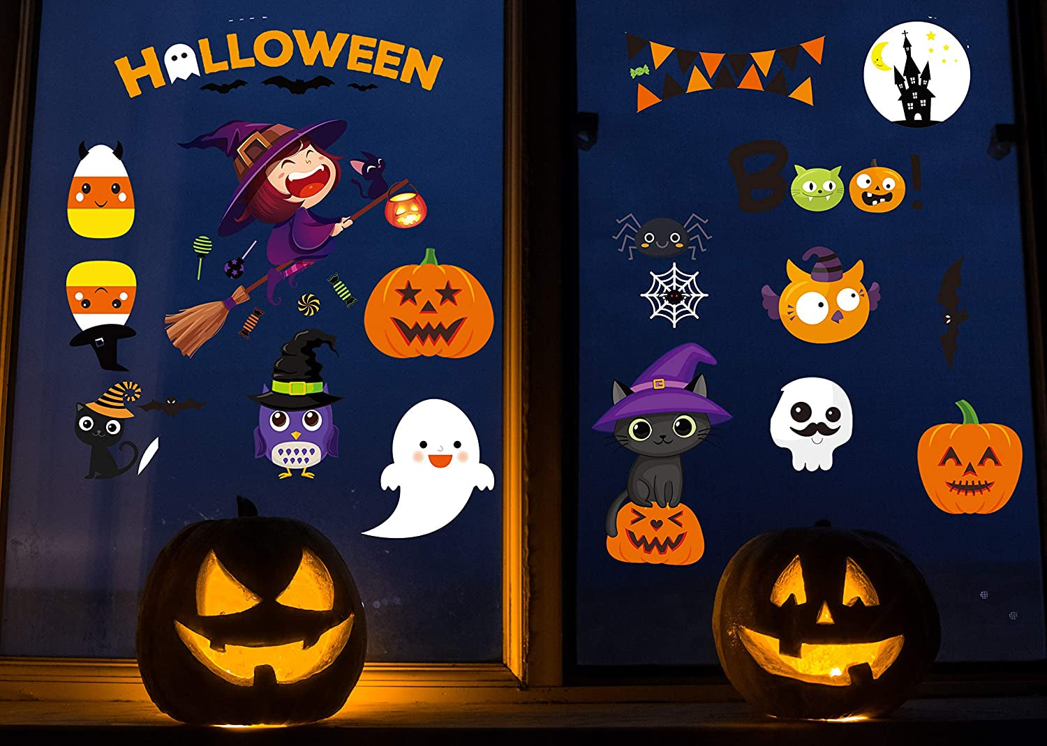 Halloween Window Clings - Decorations Stickers Decals Decor with Cute Pumpkin Ghost for Room Bathroom Kitchen