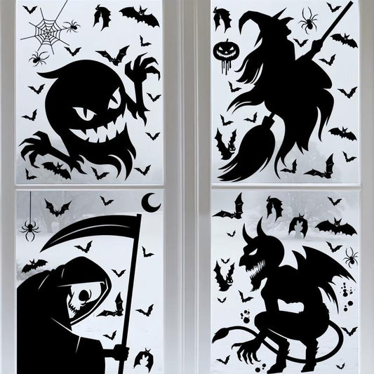 4 in 1 Pack Halloween Windows and Doors Decoration, Halloween Festive Decorations, Halloween Skulls Stickers, Halloween Bat Stickers, Halloween Ghost Stickers. Set Spooky Removable Ornaments, Halloween Home Decoration, Halloween Decor