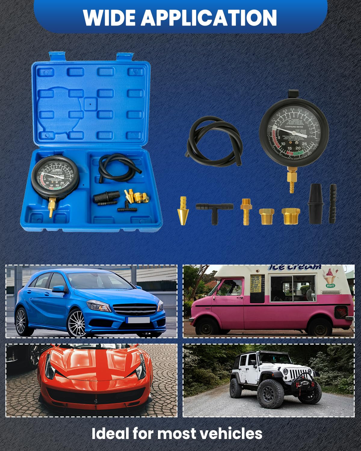 Vacuum Gauge, Universal Vacuum Gauge Automotive Kit for Car & Truck