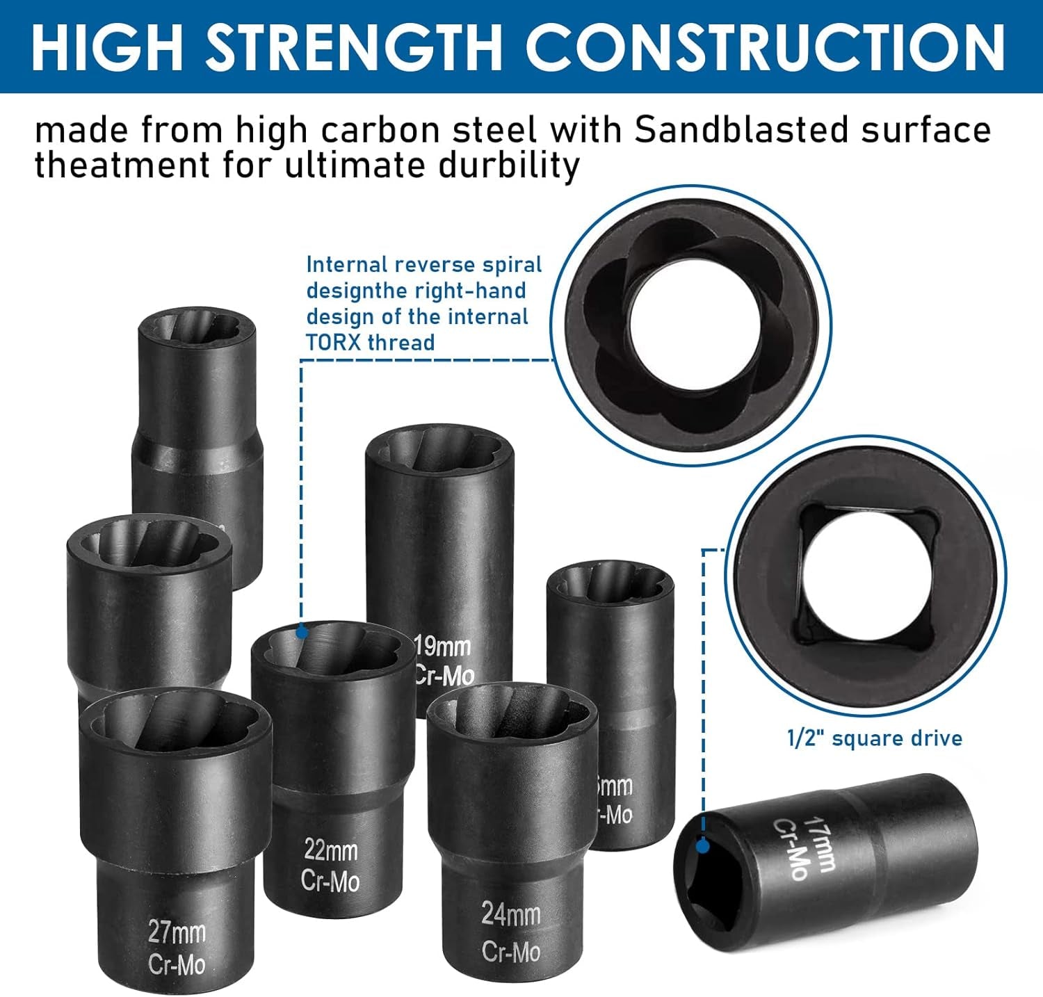 Lug Nut Removal Tool,10 Piece Lug Nut Extractor Set 1/2 Inch Drive, Easy Out Lug Nut Remover for Damaged, Frozen, Studs, Rusted, Rounded-Off Bolts & Nuts Screws