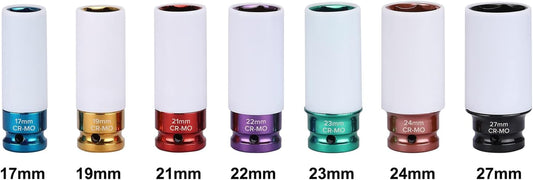 7PCS 1/2" Drive Thin Wall Deep Wheel Protector Impact Socket Set, CR-MO, Lug Nut Impact Socket Set-17Mm, 19Mm, 21Mm, 22Mm, 23Mm, 24Mm, 27Mm