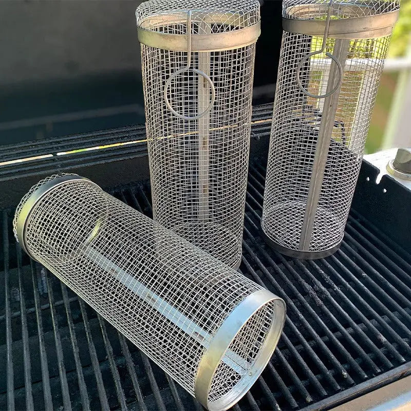 Rolling Grilling Basket Metal BBQ Barbecue Basket Net Portable Outdoor Camping Barbecue Rack Kitchen Gadgets YIWUGO Store