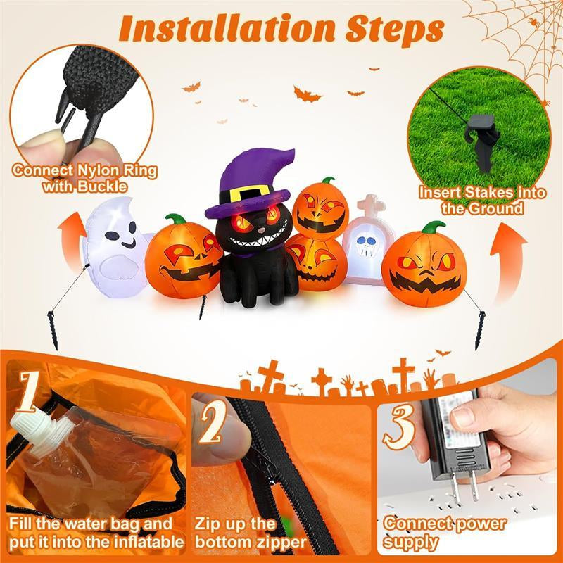 8 FT Long Halloween Inflatables Outdoor Decoration - Blow up Cat & Pumpkin Lanterns with Tombstone Ghost Halloween Yard Decorations, Built-In LED Lights Décor for Holiday Party Yard Lawn