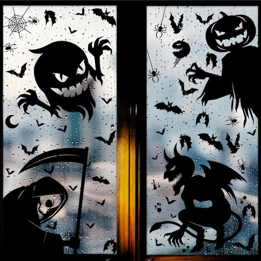 4 in 1 Pack Halloween Windows and Doors Decoration, Halloween Festive Decorations, Halloween Skulls Stickers, Halloween Bat Stickers, Halloween Ghost Stickers. Set Spooky Removable Ornaments, Halloween Home Decoration, Halloween Decor