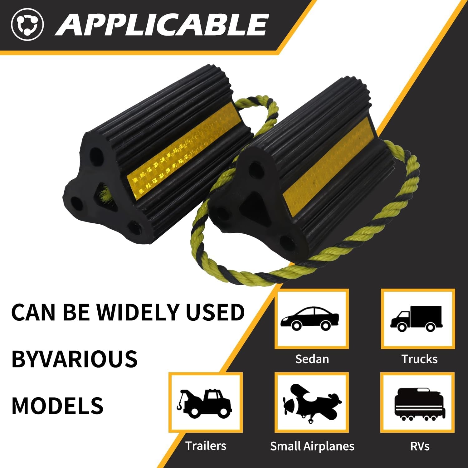 Wheel Chocks [2Pair/4Pack with Rope] for RV Trailer Camper Truck Car Aircraft Boat, Versatile Rubber Chocks Block Stopper for Tire with Reflective Strips, Utility Trailer Camper RV Accessories