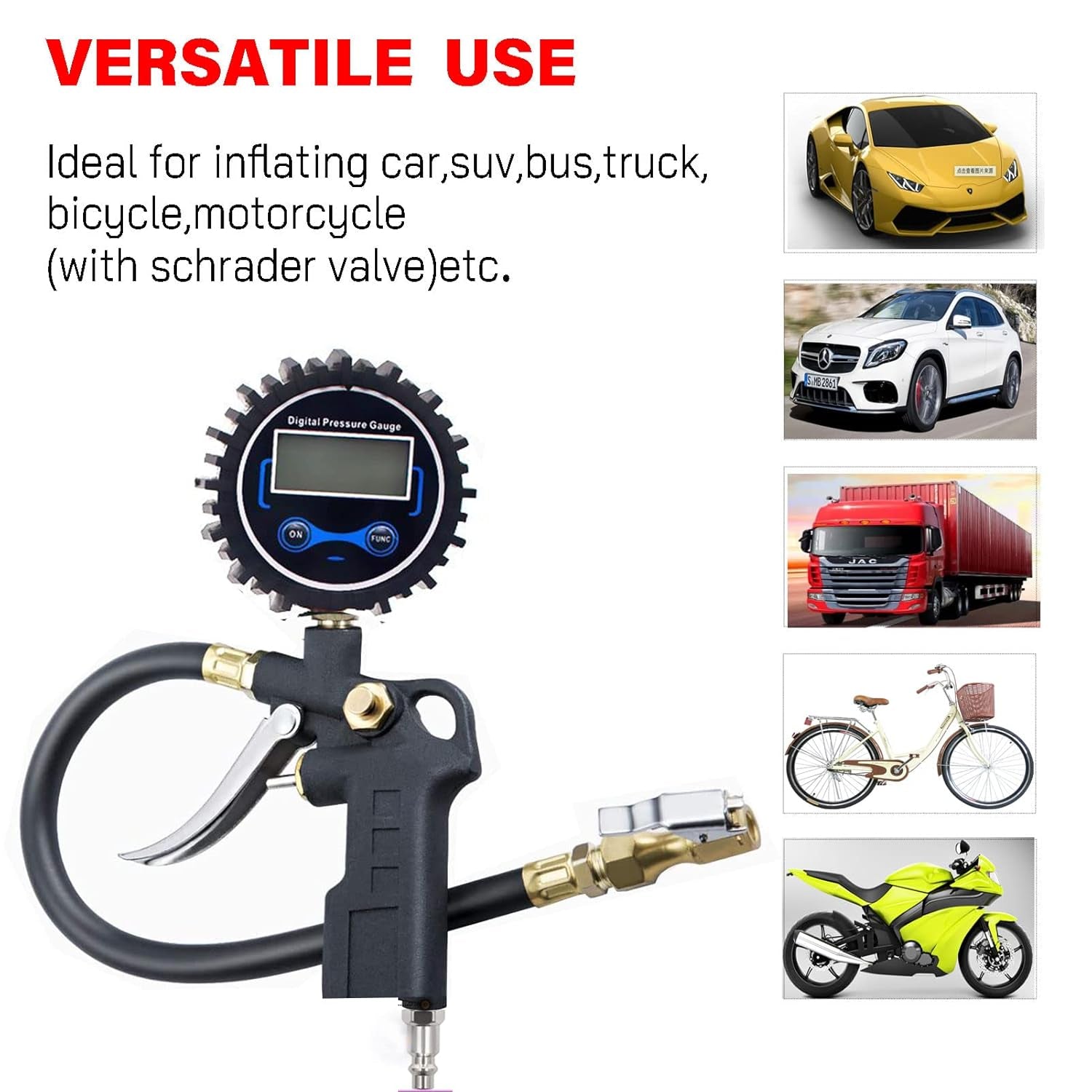 Digital Tire Pressure Gauge with Inflator, 250 PSI Air Chuck and Compressor Accessories Heavy Duty with Quick Connect Coupler, 0.1 Display Resolution for Car, SUV, Truck, Motorcycle, RV