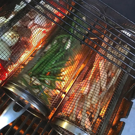 Rolling Grilling Basket Metal BBQ Barbecue Basket Net Portable Outdoor Camping Barbecue Rack Kitchen Gadgets YIWUGO Store