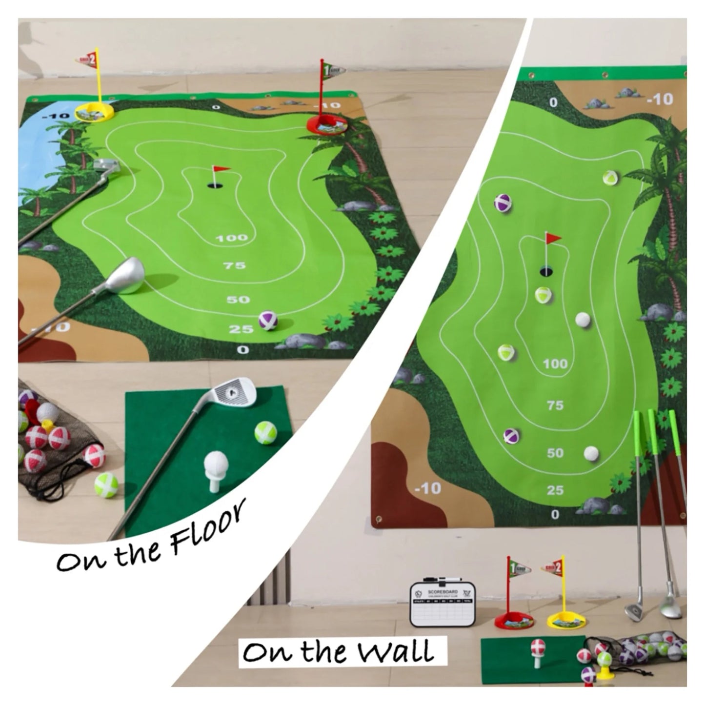Golf Game Chipping Mat and Accessories, Training and Practice Golf Travel Set for Kids and Adults, Indoor and Outdoor Hitting Mat and Golf Clubs with Sticky Balls for Kids 3+
