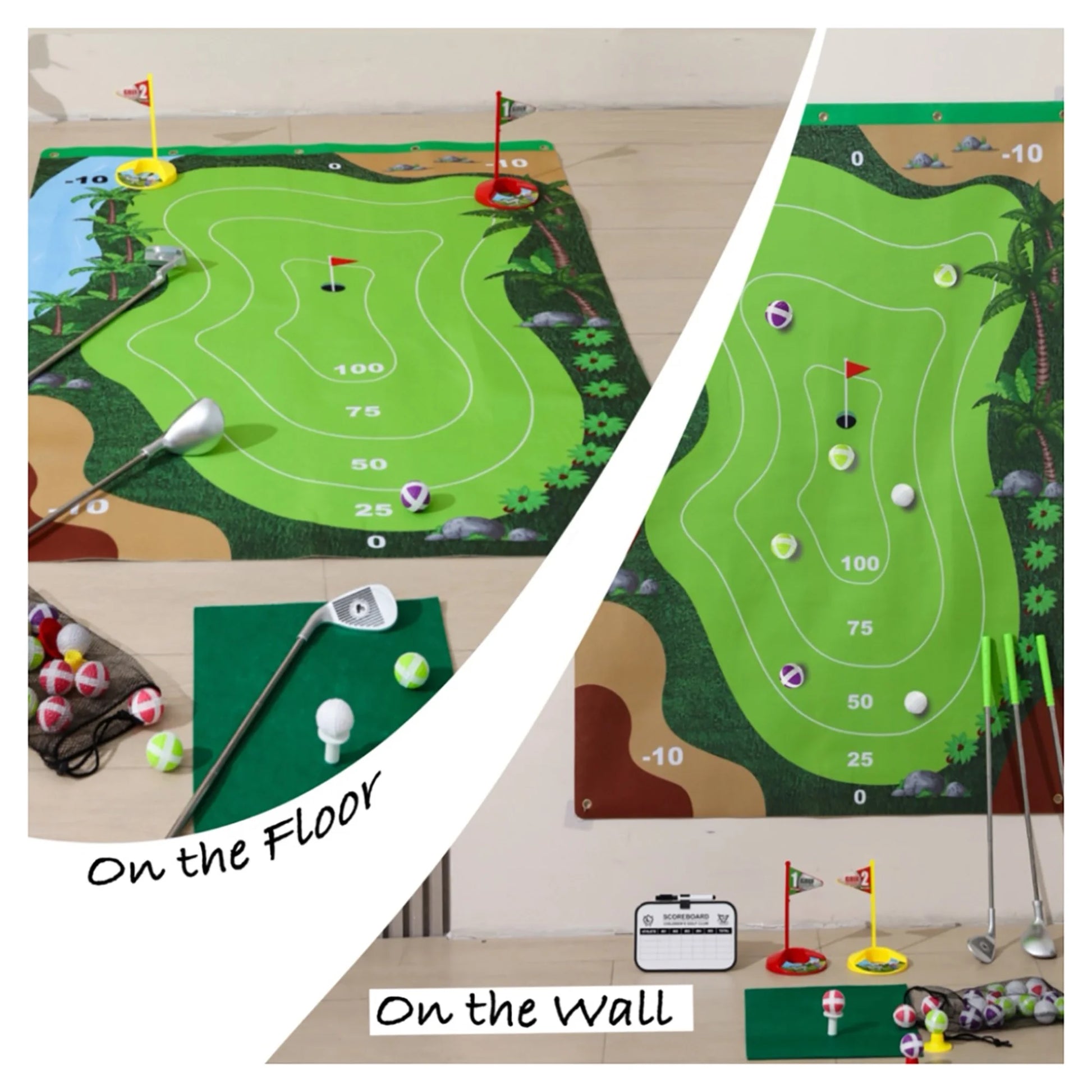 Golf Game Chipping Mat and Accessories, Training and Practice Golf Travel Set for Kids and Adults, Indoor and Outdoor Hitting Mat and Golf Clubs with Sticky Balls for Kids 3+