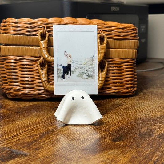 Pumpkin and Ghost Photo Card Holder, Handmade Halloween Desk Decor
