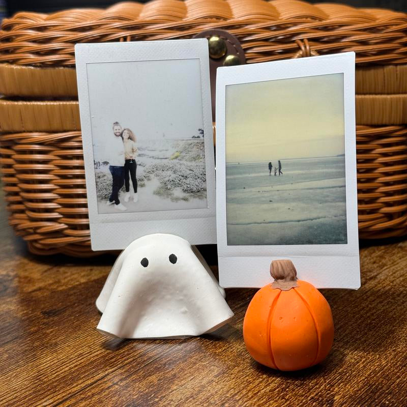 Pumpkin and Ghost Photo Card Holder, Handmade Halloween Desk Decor