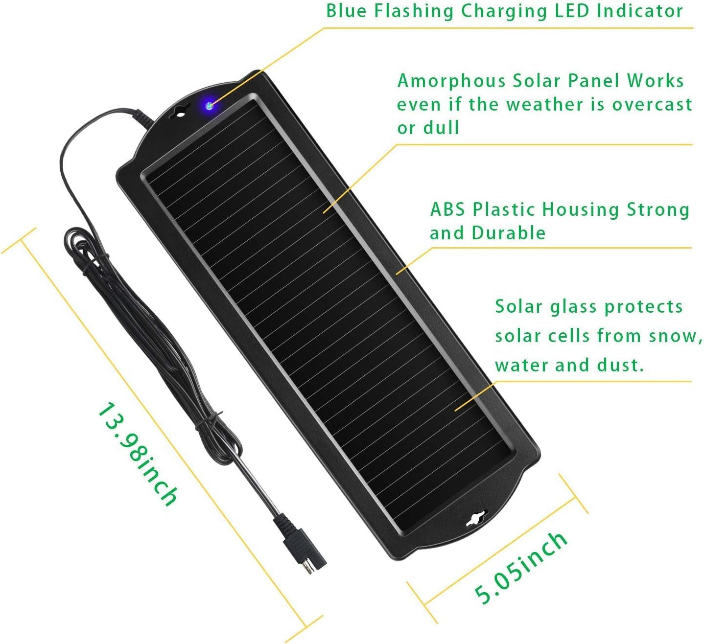 Car Battery Trickle Charger & Maintainer 12V Solar Panel Power Battery Charger with Cigarette Lighter Plug Battery Clamp for Car Automotive Motorcycle Boat Marine Snowmobile Watercraft RV