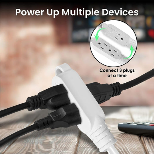 3 Outlet Flat Extension Cord for Indoor, 3 Prong Extension Cord with 16AWG 125V 1625W, UL Listed Triple Wire Grounded Multi Outlet Plug 10Ft White 2 Pack